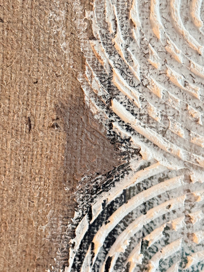 Detailed texture of joint compound and paint on hessian in Echoes Within by Roberta Heslop