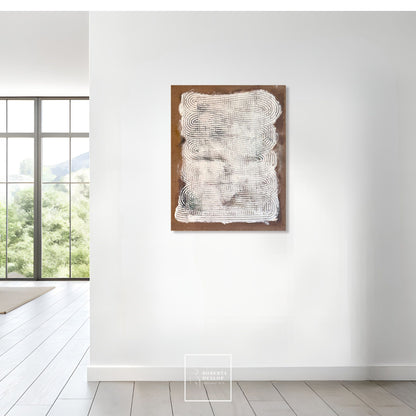 Abstract mixed media art Echoes Within by Roberta Heslop in contemporary home setting