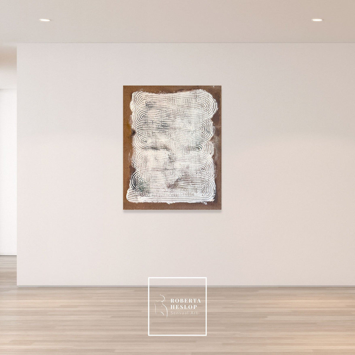 Echoes Within textured painting hanging in neutral gallery space by artist Roberta Heslop