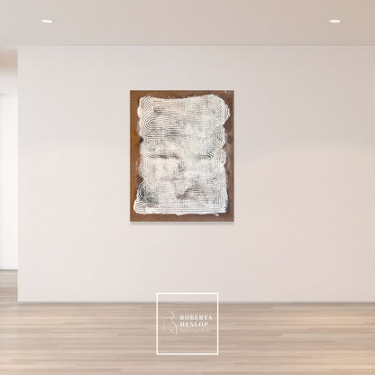 Echoes Within textured painting hanging in neutral gallery space by artist Roberta Heslop