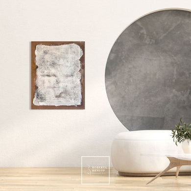 Textured hessian painting Echoes Within displayed in modern minimalist interior