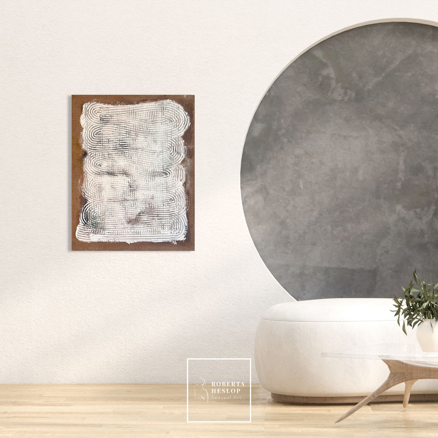 Textured hessian painting Echoes Within displayed in modern minimalist interior