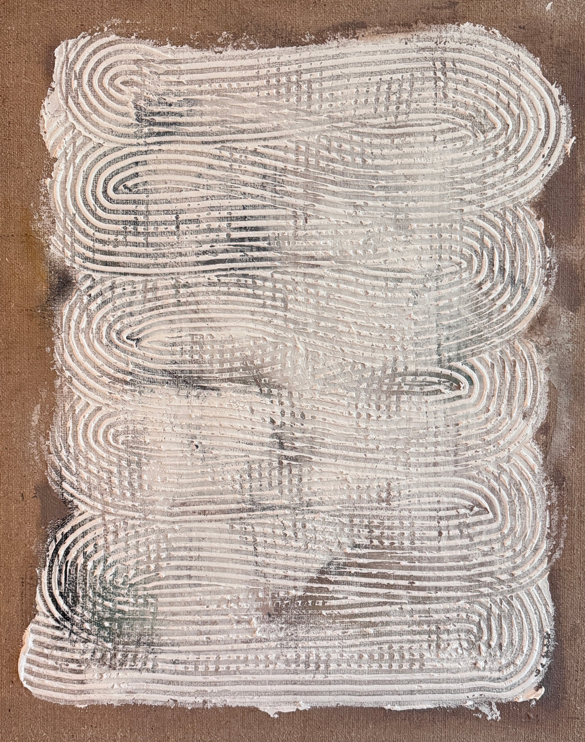 Echoes Within textured abstract painting on hessian by Roberta Heslop - mixed media contemporary art