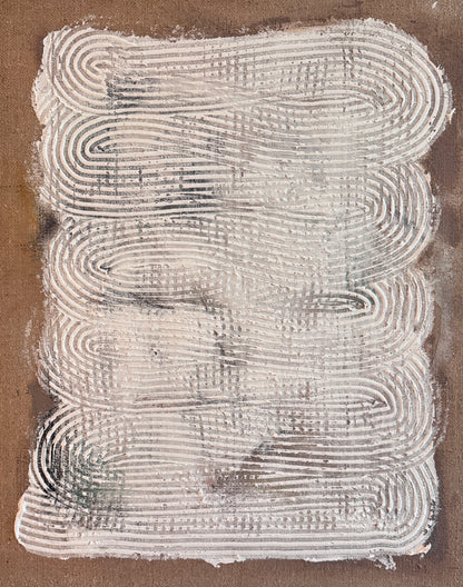 Echoes Within textured abstract painting on hessian by Roberta Heslop - mixed media contemporary art