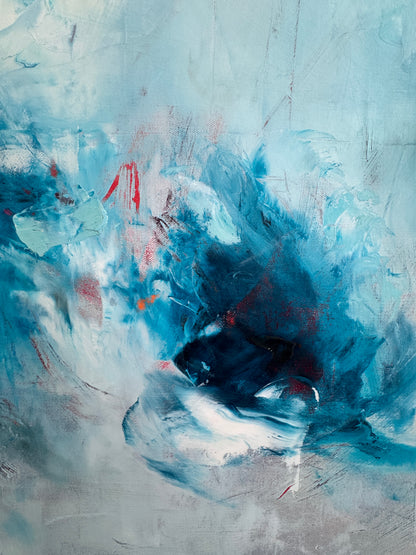 Detail view of Fire and Ice abstract painting revealing layered blues and warm undertones in oil paint