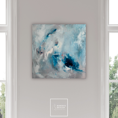Fire and Ice abstract blue painting by Roberta Heslop displayed on a wall in modern living room, 30x30 oil on canvas