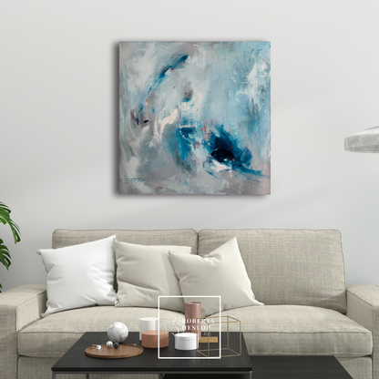 Fire and Ice abstract blue painting by Roberta Heslop displayed in modern living room, 30x30 oil on canvas