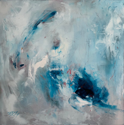 Fire and Ice, original abstract oil painting by Roberta Heslop, 30x30 inches, blue and white gestural abstract art