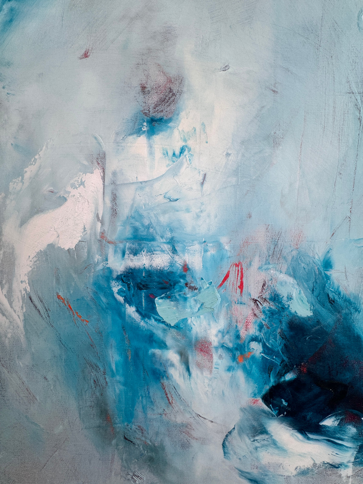 Close up detail of Fire and Ice showing gestural brushwork and texture in blue abstract oil painting