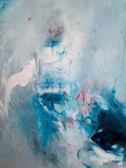 Close up detail of Fire and Ice showing gestural brushwork and texture in blue abstract oil painting