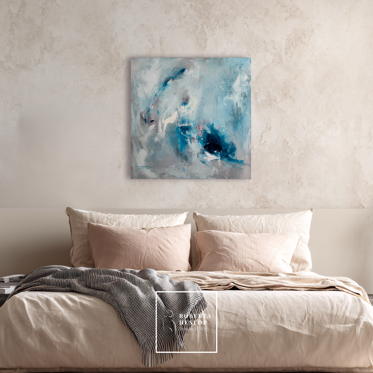 Fire and Ice contemporary abstract artwork in blue and white tones hanging in stylish bedroom interior space