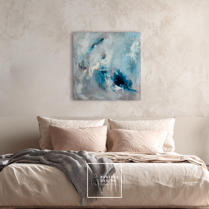 Fire and Ice contemporary abstract artwork in blue and white tones hanging in stylish bedroom interior space