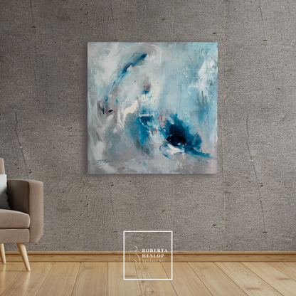Fire and Ice abstract blue painting by Roberta Heslop displayed in modern living room, 30x30 oil on canvas