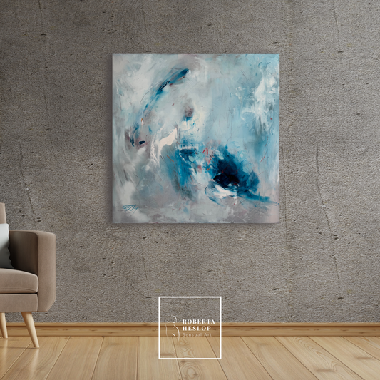 Fire and Ice abstract blue painting by Roberta Heslop displayed in modern living room, 30x30 oil on canvas