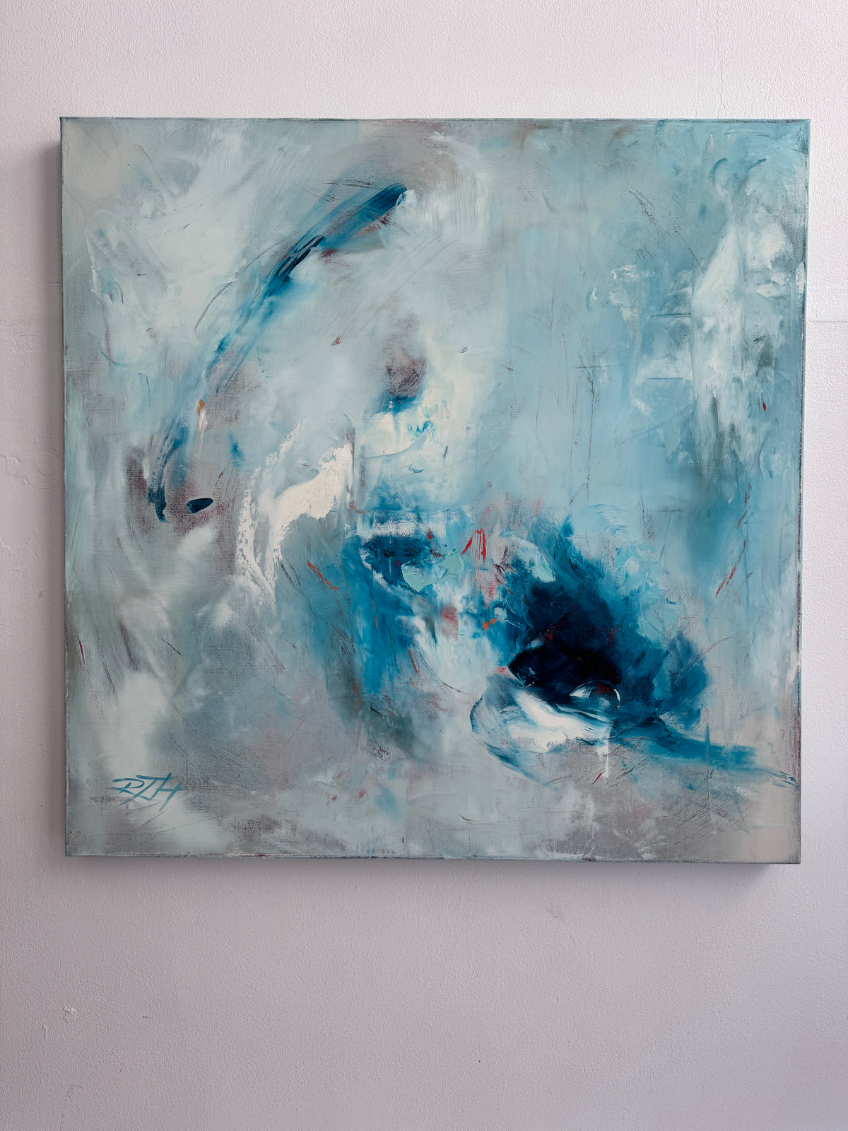Fire and Ice abstract painting in artist studio before shipping, original blue abstract art by Roberta Heslop