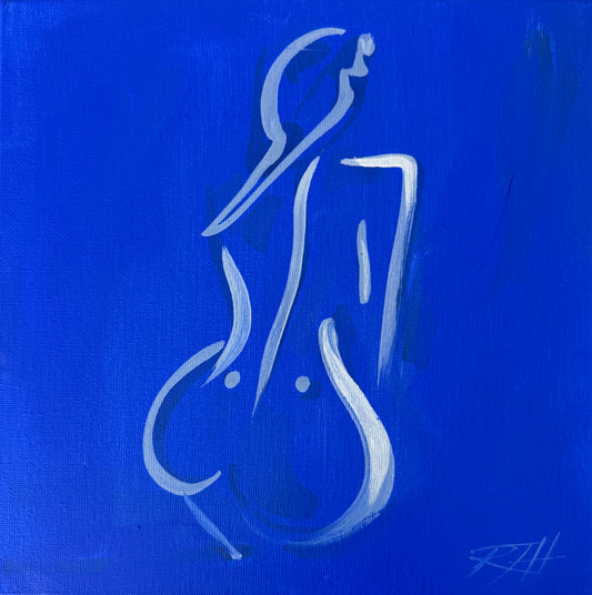 Free - original blue figurative painting of the female form by Roberta Heslop, acrylic and Indian ink on deep-edge canvas