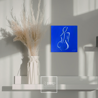 Free by Roberta Heslop displayed in a luxury interior - original blue figurative painting celebrating the female form