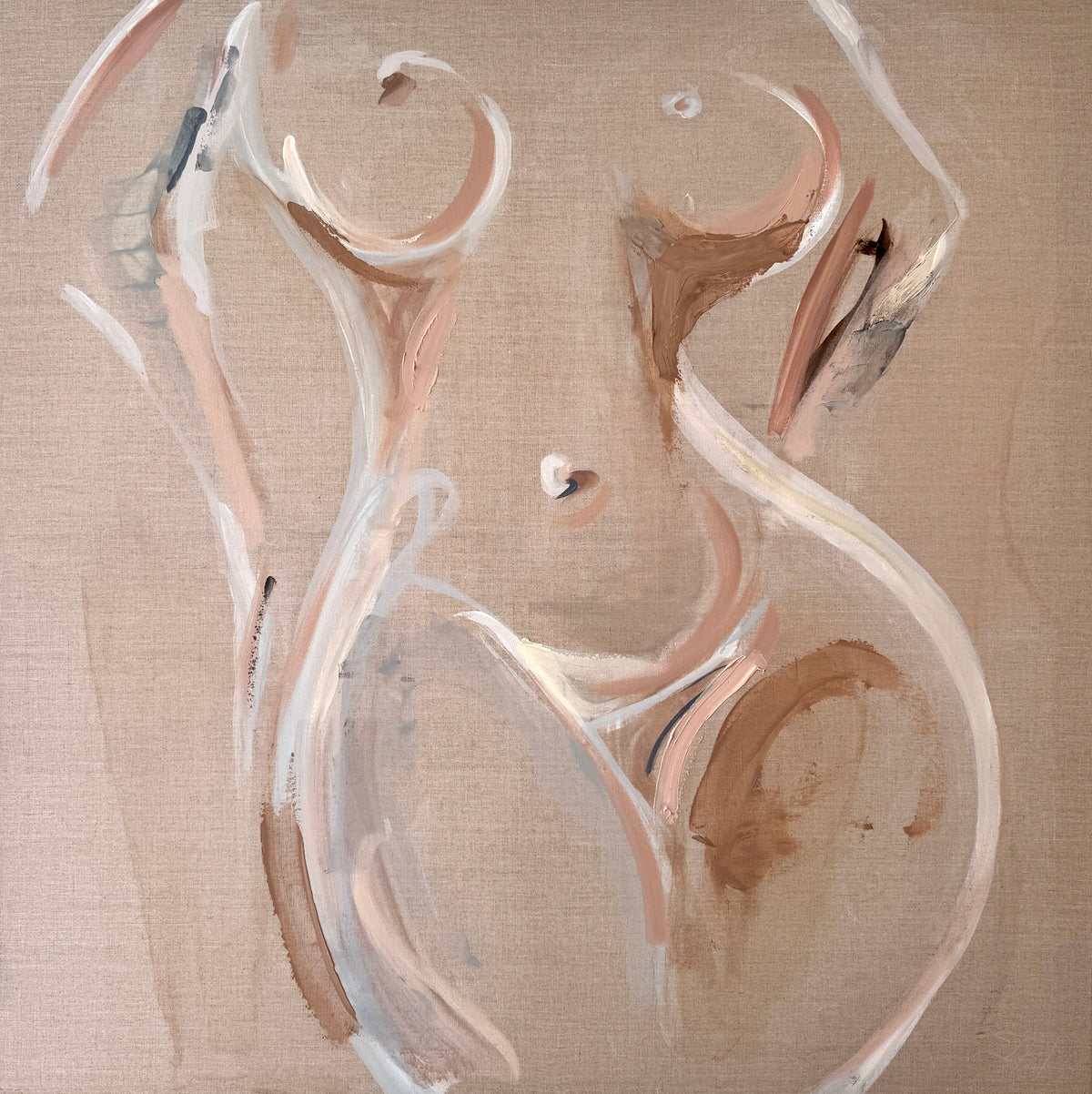 Freya original figurative painting standing female torso warm flesh tones on linen by Roberta Heslop