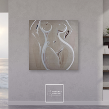Load image into Gallery viewer, Abstract figurative art painting on a wall with a signature at the bottom right corner.