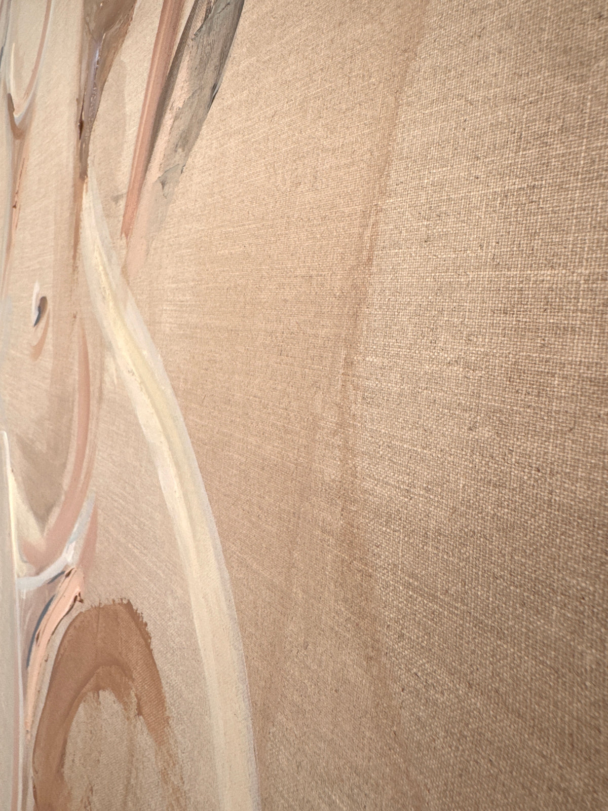 Side detail view of linen texture and of gestural marks in Freya original painting by Roberta Heslop