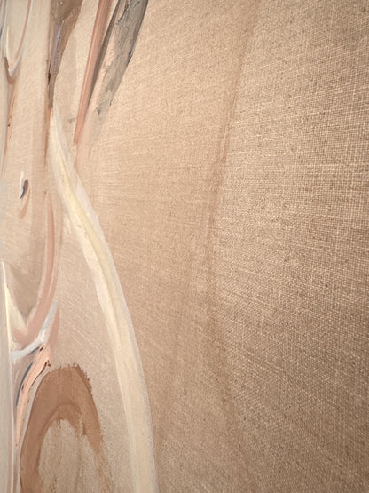 Side detail view of linen texture and of gestural marks in Freya original painting by Roberta Heslop