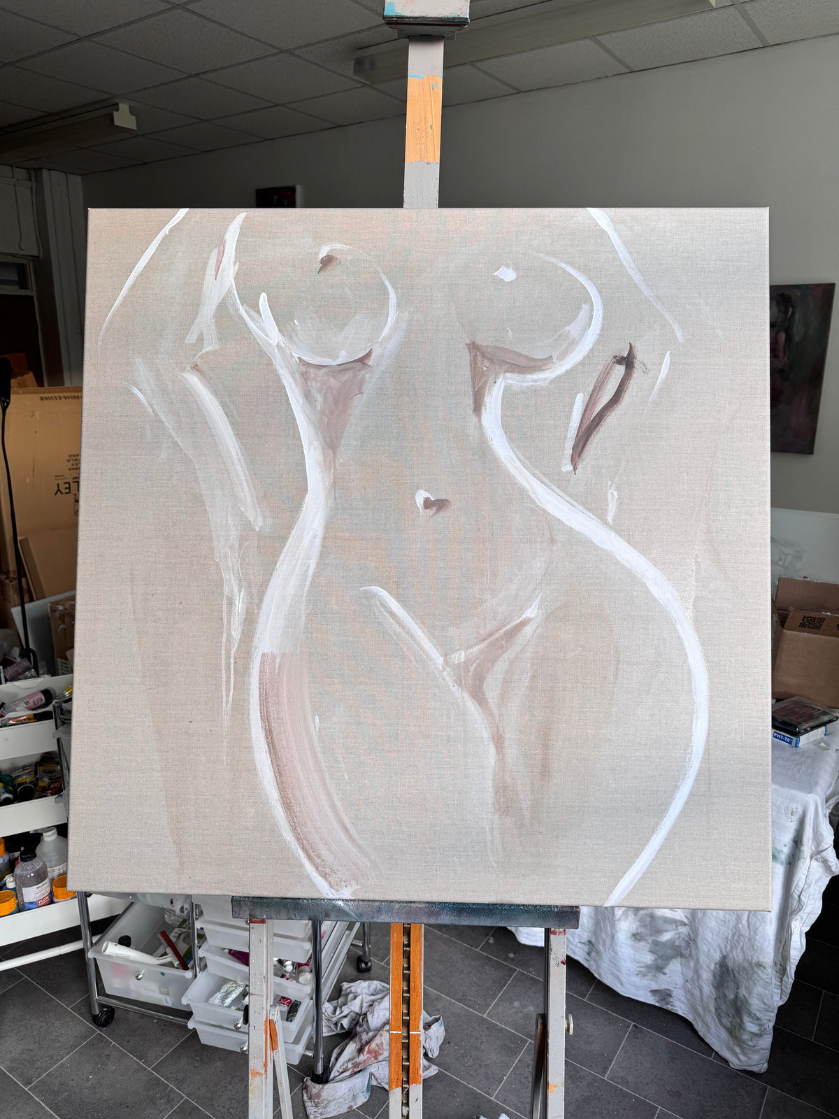 Work in progress photograph of Freya by Roberta Heslop, gestural figurative painting on linen in the artist's studio