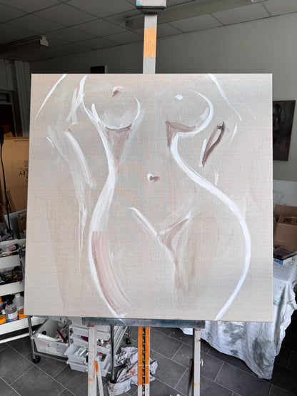 Work in progress photograph of Freya by Roberta Heslop, gestural figurative painting on linen in the artist's studio