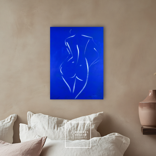 Lapis by Roberta Heslop displayed in a luxury interior - original blue figurative painting celebrating the female form