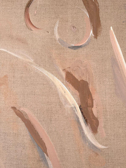 Detail of seated female figure in Lila showing warm flesh tones and gestural marks by Roberta Heslop