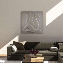 Load image into Gallery viewer, Modern living room with a gray sectional sofa and abstract figurative large wall art by Roberta Heslop.