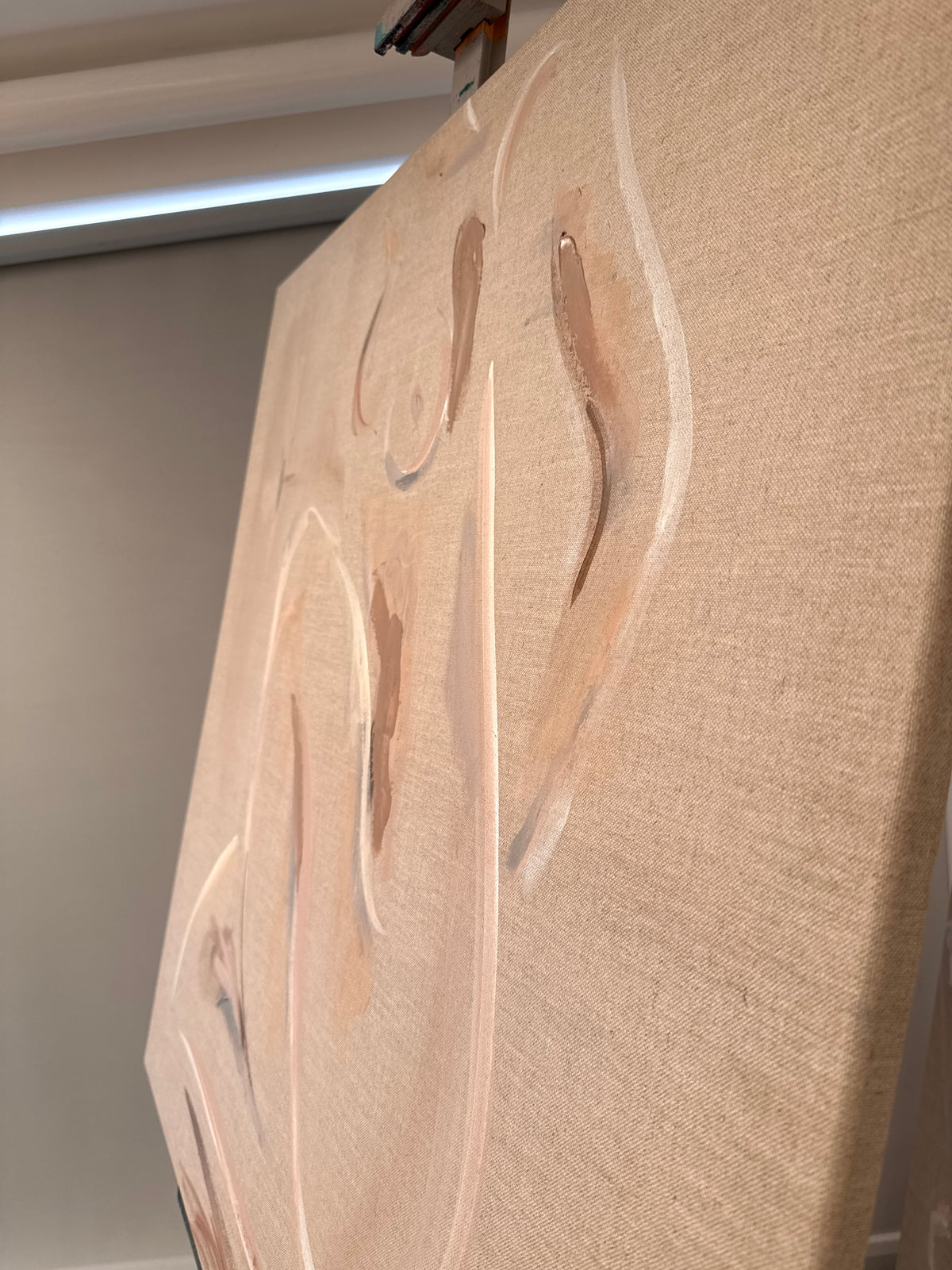 Side view detail of linen texture and gestural marks in Lila original painting by Roberta Heslop