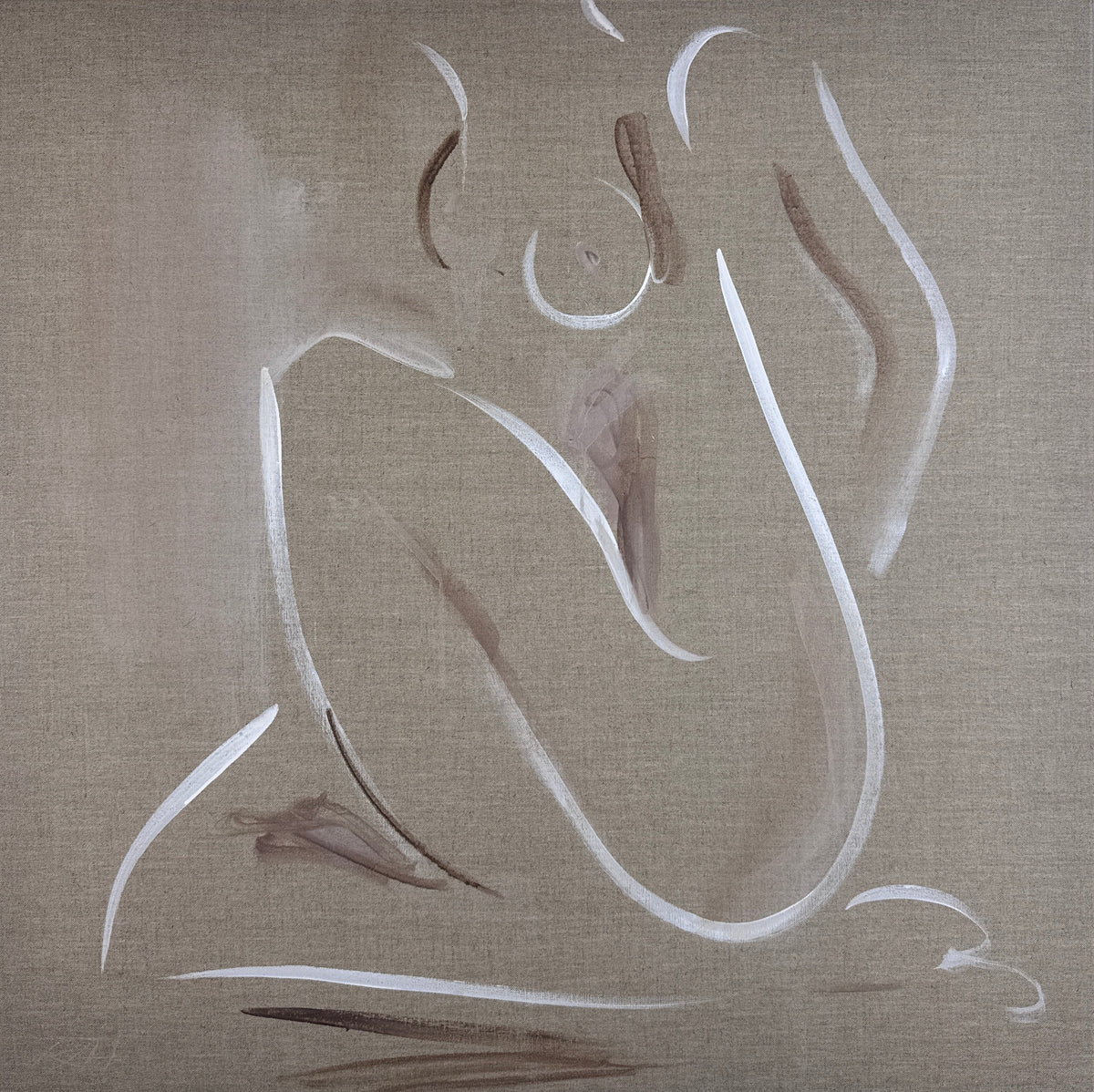 Work in progress of abstract figurative female form painting on linen in canvas.