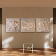 Load image into Gallery viewer, Linen Trilogy of original abstract figurative paintings by Roberta Heslop styled in a living space