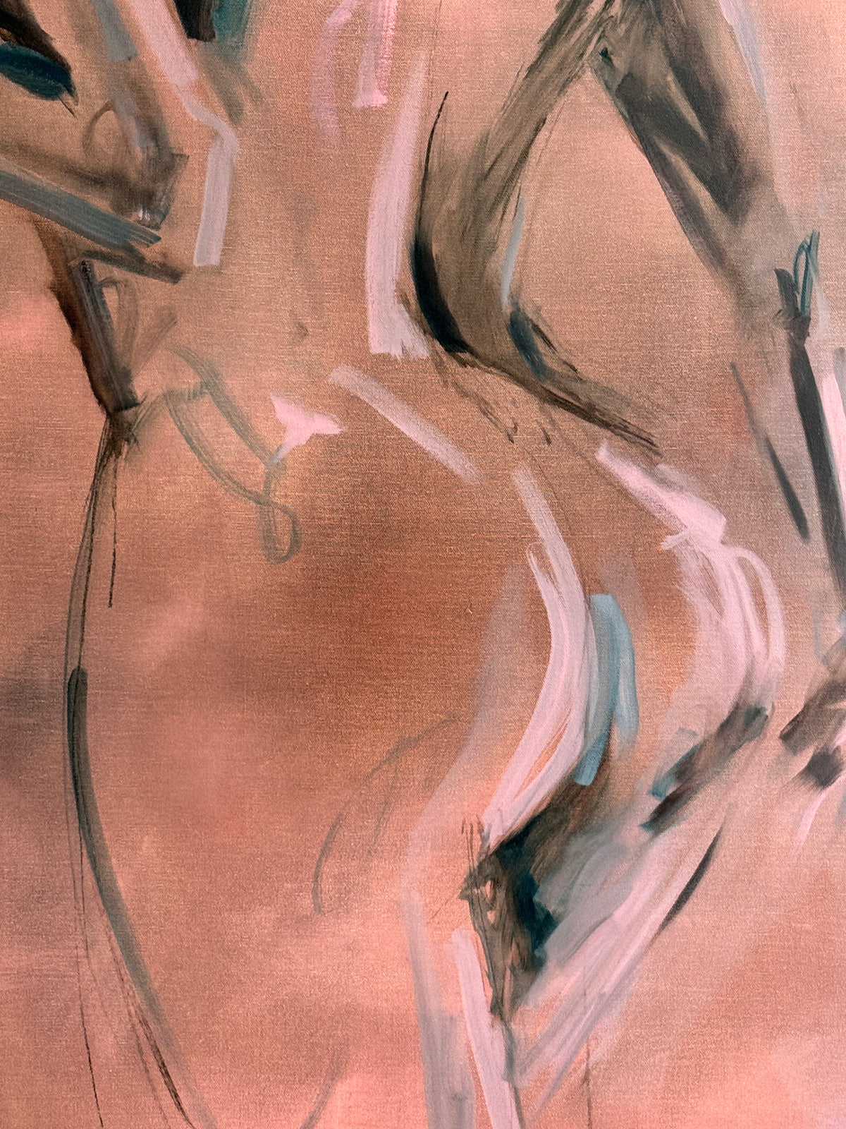 Detail of salmon pink tones and gestural brushwork in Lucia by Roberta Heslop