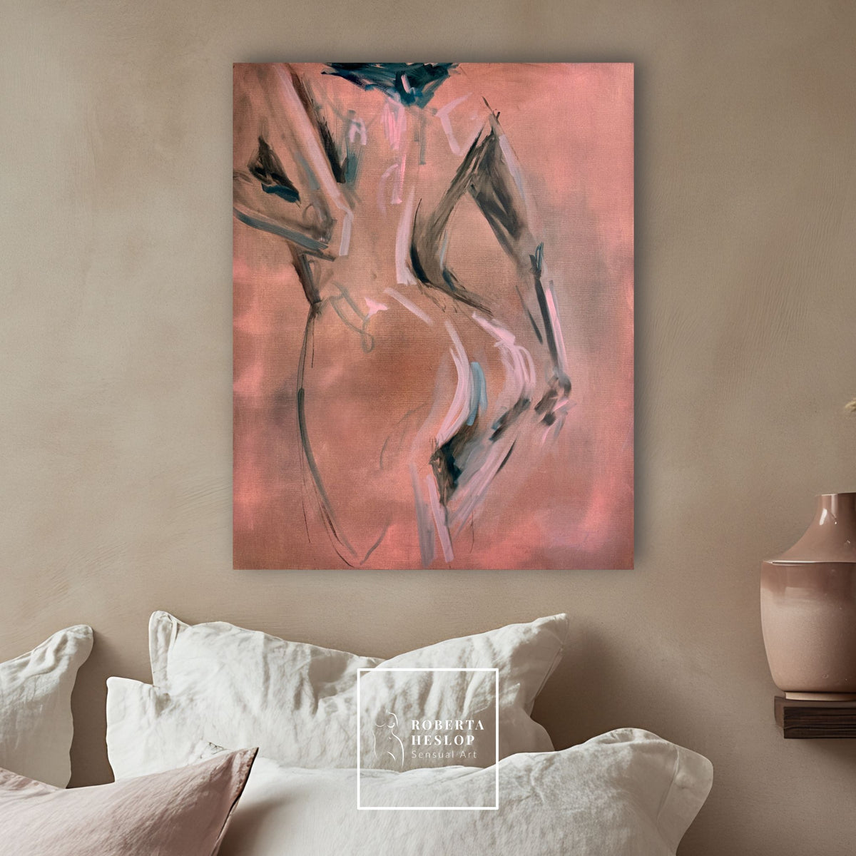 Female form painting Lucia displayed in modern bedroom interior