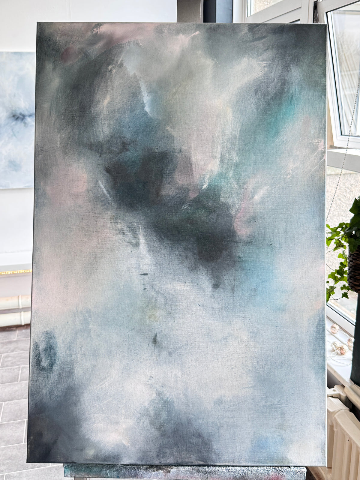 The Quiet Between painting work in progress showing acrylic layering technique in studio