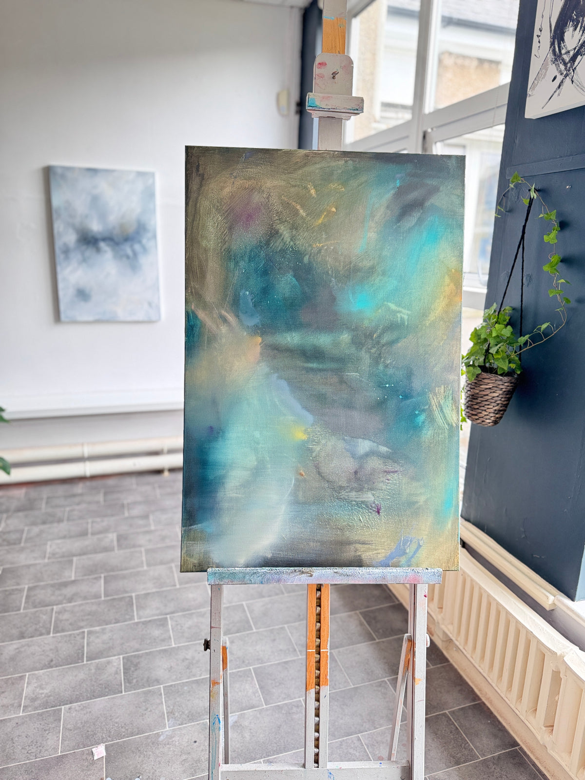 The Quiet Between artwork in progress showing acrylic layering technique