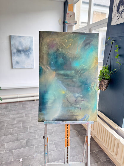 The Quiet Between artwork in progress showing acrylic layering technique