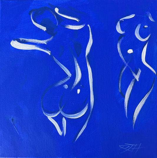 Revel - original blue figurative painting of two female forms by Roberta Heslop, acrylic and Indian ink on deep-edge canvas
