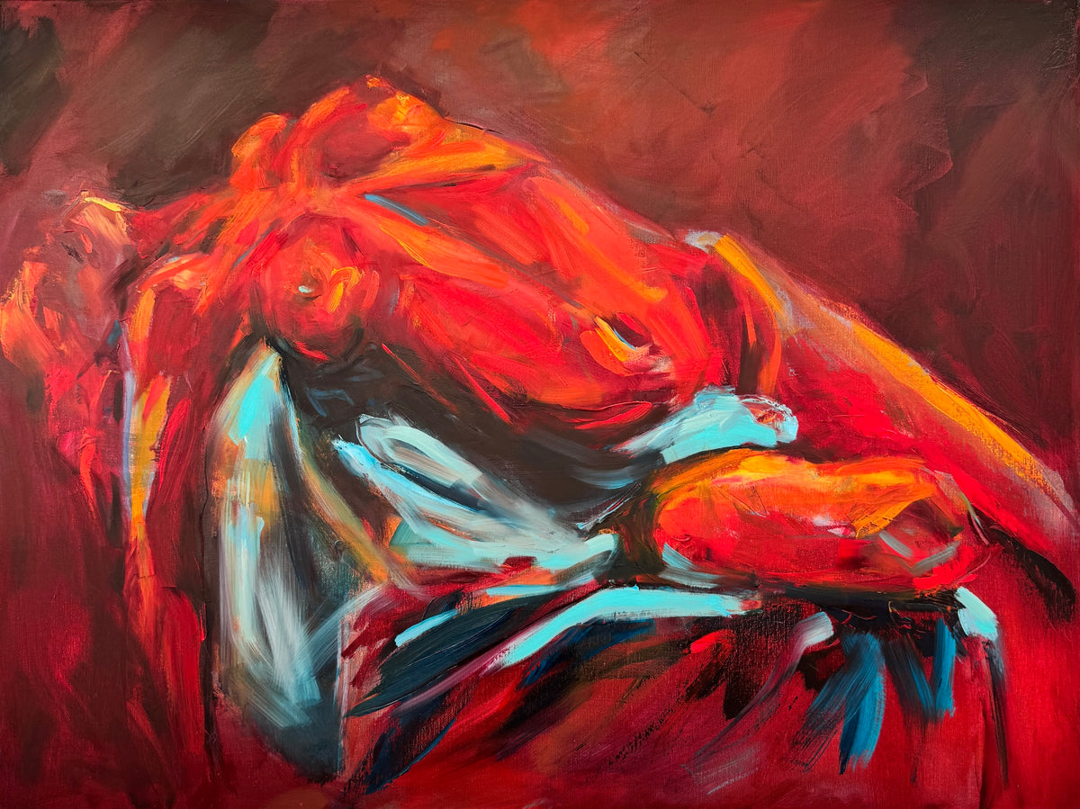 Aflame by Roberta Heslop: reclining female figure in vivid red and orange with blue-green fabric