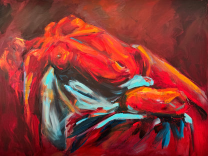Aflame by Roberta Heslop: reclining female figure in vivid red and orange with blue-green fabric