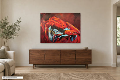 Aflame by Roberta Heslop shown as an unframed deep-edge canvas in a home interior visualisation; approximate scale