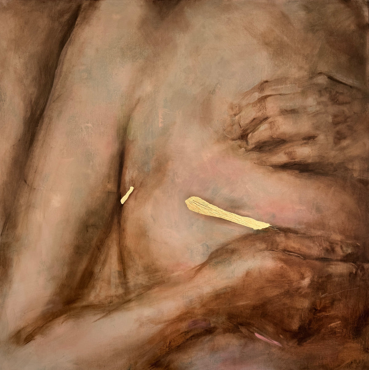 Always This Bright by Roberta Heslop: female torso and resting hand in earthy tones with a bright gold leaf accent