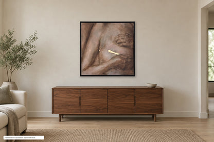 Always This Bright by Roberta Heslop in its photographed dark brown floating frame above a walnut sideboard; interior visualisation at approximate scale