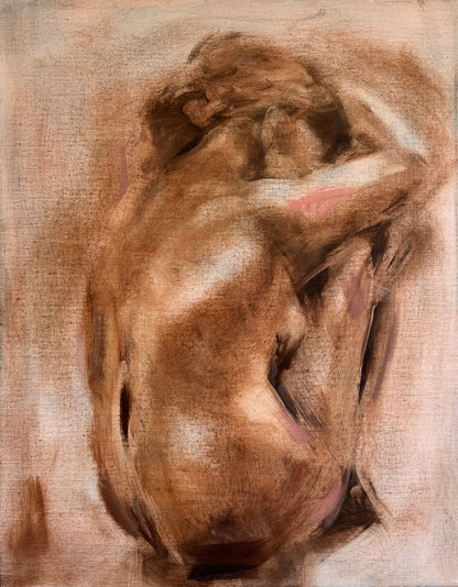 Entirely Herself by Roberta Heslop: female figure viewed from behind with a raised arm, painted in warm browns