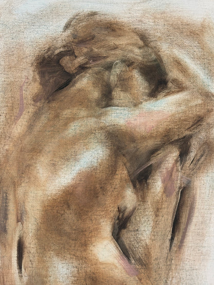 Close-up of the head, raised arm and oil brushwork in Entirely Herself by Roberta Heslop