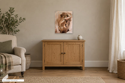Entirely Herself by Roberta Heslop shown as an unframed deep-edge canvas in a home interior visualisation; approximate scale