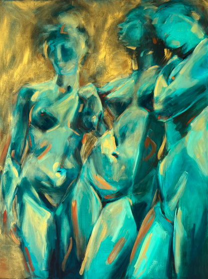 Golden Celebration by Roberta Heslop: group of female figures in expressive blue, turquoise and golden tones