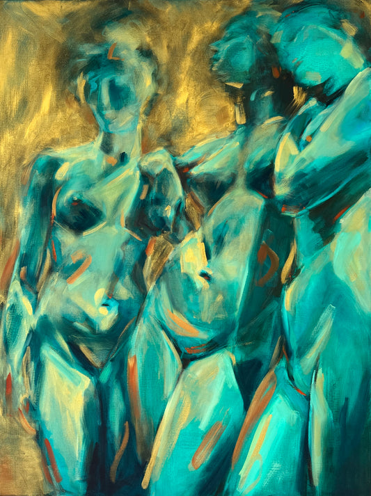 Golden Celebration by Roberta Heslop: group of female figures in expressive blue, turquoise and golden tones