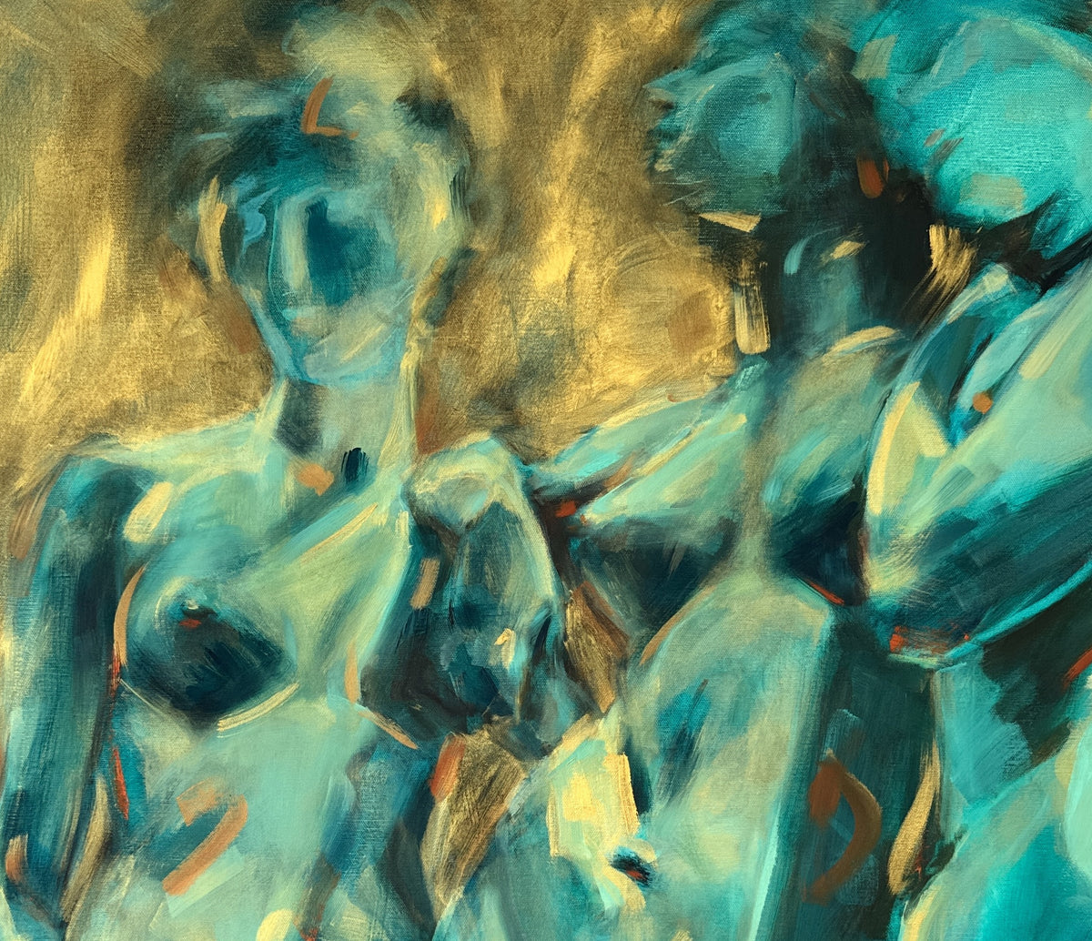 Golden Celebration by Roberta Heslop: close-up of the turquoise female figures and golden-coloured oil brushwork